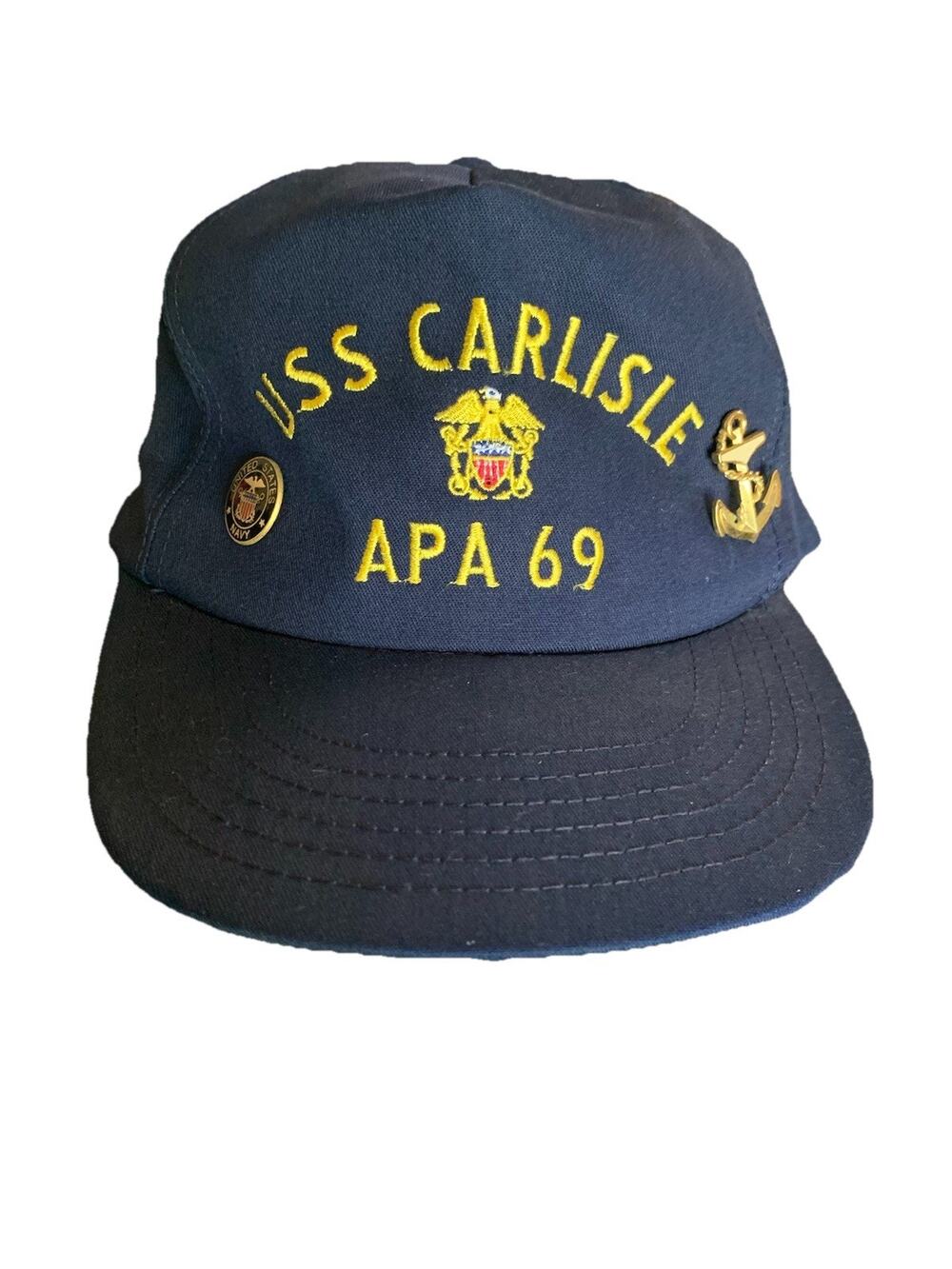 VTG USS Carlisle APA 69 Snapback Cap Trucker Hat WW2 Navy Eagle Shield Rare Pins